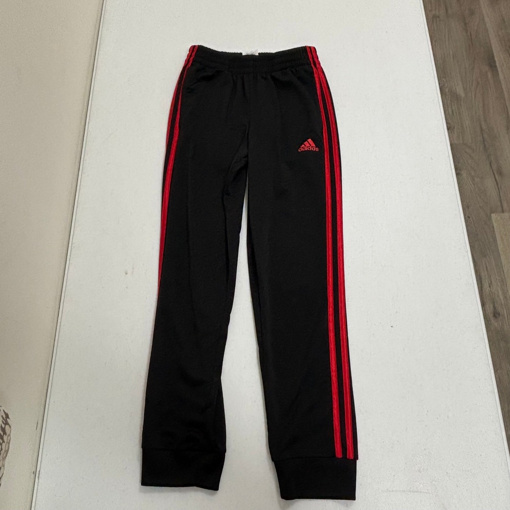 Adidas Boys Black Red Triple Stripe Track Pants Joggers Size M 10/12 Regular Fit